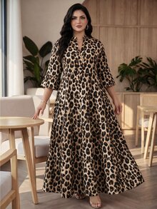 SHEIN Lady CURVE 大尺碼時尚百搭豹紋度假洋裝 - 彩色 - 查看 4