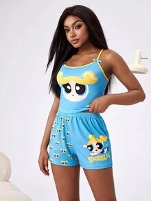 THE POWERPUFF GIRLS X SHEIN Women's Bow Decor Camisole Top And Cartoon Print Shorts Pajama Set - Blue - View 3