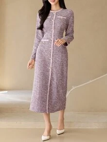 DAZY Gaun Elegan Wanita Lengan Panjang Leher Bulat dengan Kancing untuk Musim Gugur - Purple - View 8
