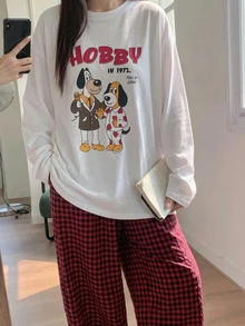 Dazy Plus 可愛卡通印花寬鬆短袖上衣與格紋長褲女款大尺碼居家休閒服 春夏睡衣套裝 - 白色 - 查看 2