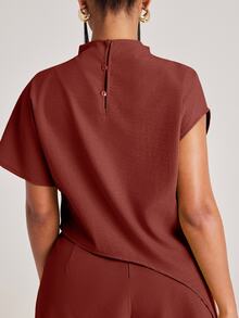 NYA SZN Top High Mock Neck Blouse Short Sleeve High Low Hemline T Shirt Brunch Night Out Casual Unique Bridal Shower Maroon Elegant Chic Summer Fall Winter - Rust Brown - View 2