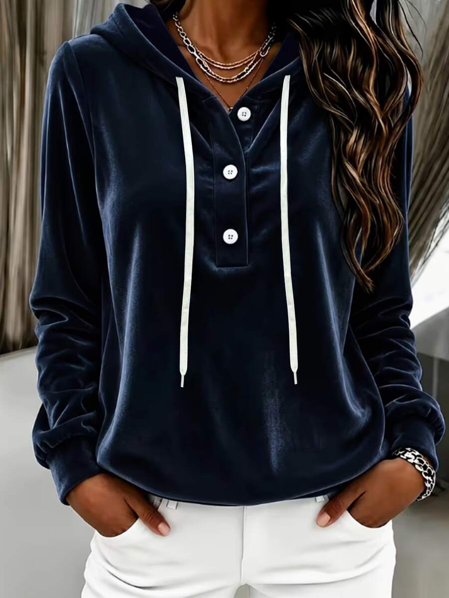 EMERY ROSE Solid Velvet Half Button Drawstring Hooded Tee - Royal Blue - View 1