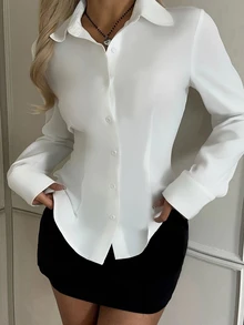 SHEIN EZwear Solid Button Front Shirt - White - View 3