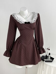 Elamini Polka Dot Print Contrast Lace Flounce Sleeve Bow Front Dress - Coffee - View 1