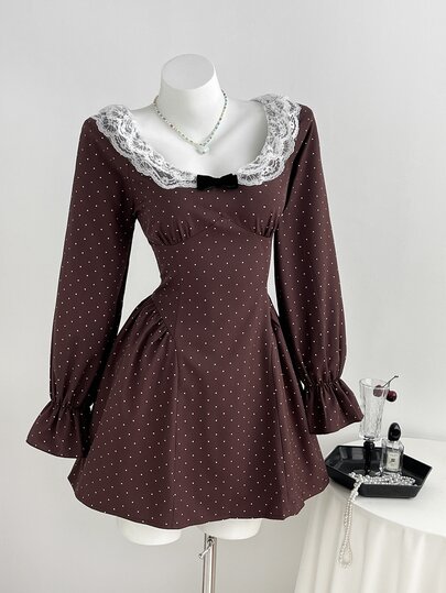 Elamini Vestido con estampado de lunares, mangas de volantes de encaje en contraste y lazo delantero