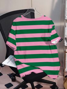 TOM & JERRY X SHEIN Plus Size Contrast Striped & Cartoon Letter Graphic Tee - White - View 2