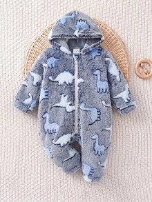 SHEIN 新生兒恐龍印花拉鍊連帽法蘭絨睡衣連身衣 - 藏蓝色 - 查看 4