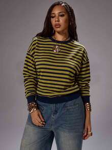 Rustia Plus Striped Print Drop Shoulder Sweatshirt Fall - Black - View 3