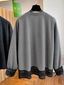 GlowEve CURVE Plus Contrast Lace Drop Shoulder Sweatshirt - Grey - View 2