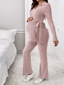 SHEIN 孕婦多功能繫帶前開衩上衣與可調腰圍長褲 2 件套 - 藕粉色 - 查看 5