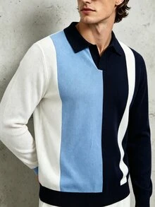 Manfinity Dauomo Men's Striped Long Sleeve Casual Turn Collar Sweater - Blue - View 3