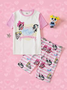 THE POWERPUFF GIRLS X SHEIN Tween Girl Cartoon Print Crew Neck Top And Striped Shorts Fitted Loungewear Set - Pink - View 1
