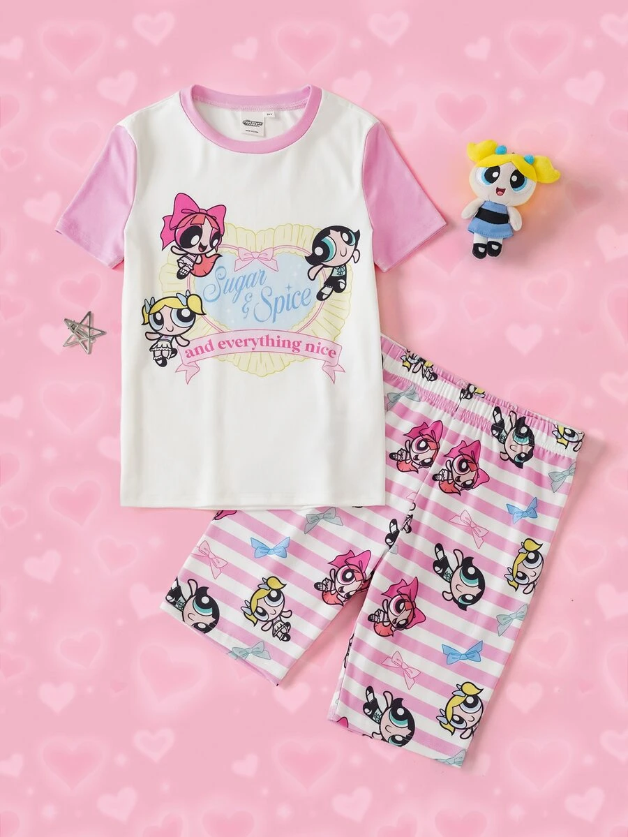 THE POWERPUFF GIRLS X SHEIN Tween Girl Cartoon Print Crew Neck Top And Striped Shorts Fitted Loungewear Set - Pink - View 1