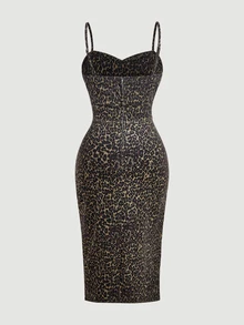 SHEIN MOD Plus Leopard Print Ruched Bust Split Thigh Cami Denim Dress - Multicolor - View 2