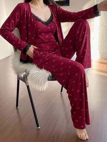 DAZY Floral Print Lace Trim Cami Top & Pants PJ Set - Burgundy - View 4
