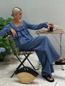 DAZY Ruffle Trim Flounce Sleeve Top & Wide Leg Pants - Navy Blue - View 2