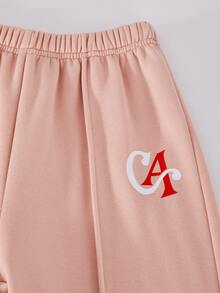 SHEIN Casuvi Kids 青少年女孩 1件字母圖案插肩袖套頭衫 & 1件運動長褲 - 珊瑚粉 - 查看 3