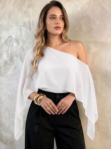 Elegantrix 大尺碼不對稱領蝙蝠袖上衣 - 白色 - 查看 3