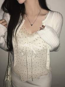 DAZY 波點蝴蝶結前襟透視細肩帶背心上衣 - 杏色 - 查看 5