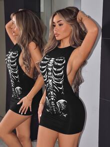 SHEIN ICON Vestido ajustado con estampado de esqueleto - Negro - Ver 3