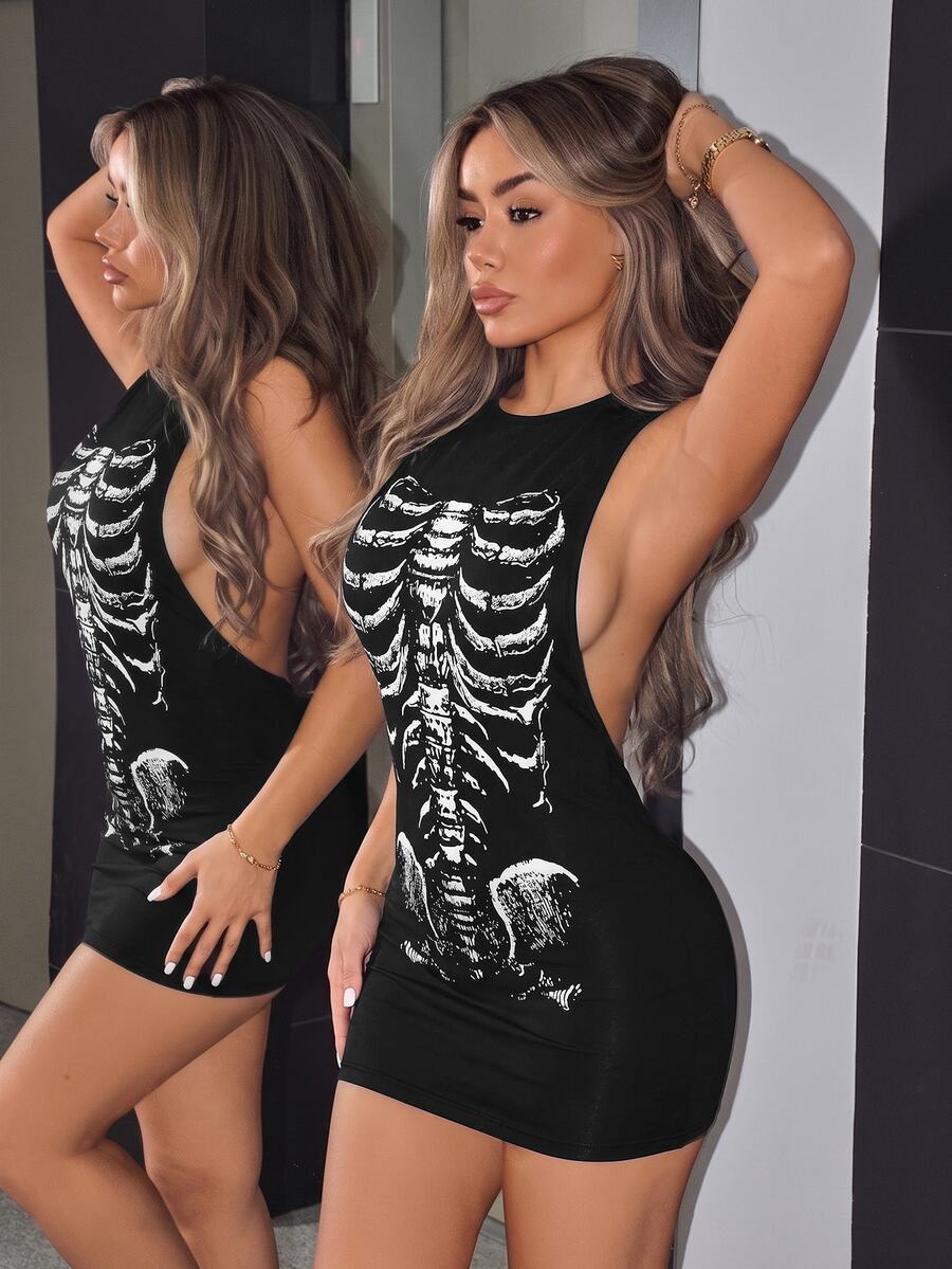 SHEIN ICON فستان ضيق بطبعة الهيكل العظمي - الأسود - مشاهدة 1