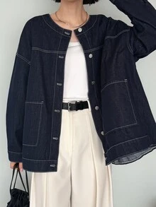 FRIFUL Áo khoác denim vai trễ xếp ly lưng cho mùa thu - Màu xanh lam - Xem 2