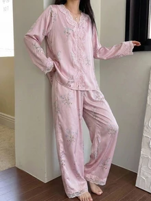 DAZY Floral Print Contrast Lace PJ Set - Dusty Purple - View 8