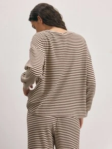 Ocili Striped Print Drop Shoulder Lounge Top - Khaki - View 4