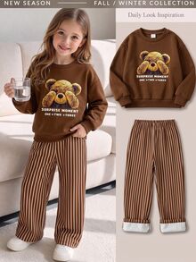 SHEIN 女童連帽衛衣套裝 幼兒生日 棕色 秋季 - 棕色 - 查看 4