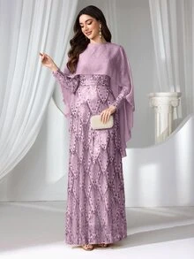 Coutiva 女款亮片披肩式正式晚禮服洋裝（重工裝飾） - 西瓜粉 - 查看 7