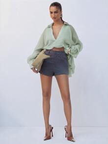 Hauture Sheer Striped Balloon Sleeve Crop Shirt - Dark Green - View 7