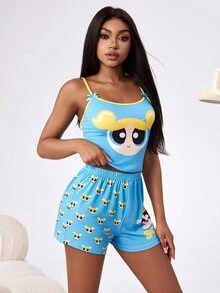 THE POWERPUFF GIRLS X SHEIN Women's Bow Decor Camisole Top And Cartoon Print Shorts Pajama Set - Blue - View 4