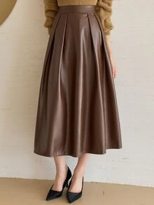 DAZY Rok Midi Lipit Elegan Wanita Bahan PU Gaya Jalanan Musim Gugur - Rust Brown - View 4