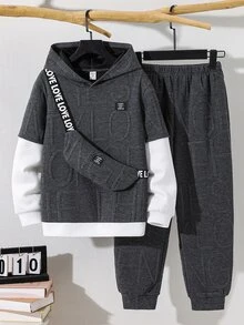 SHEIN 3件組買2送1兒童青少年男孩休閒運動提花布假兩件式連帽衛衣與慢跑褲套裝，灰色衛衣套裝，基礎上衣，適合秋冬、學校、家庭聚會、度假、派對，秋季穿搭，冬季穿搭 - 彩色 - 查看 2
