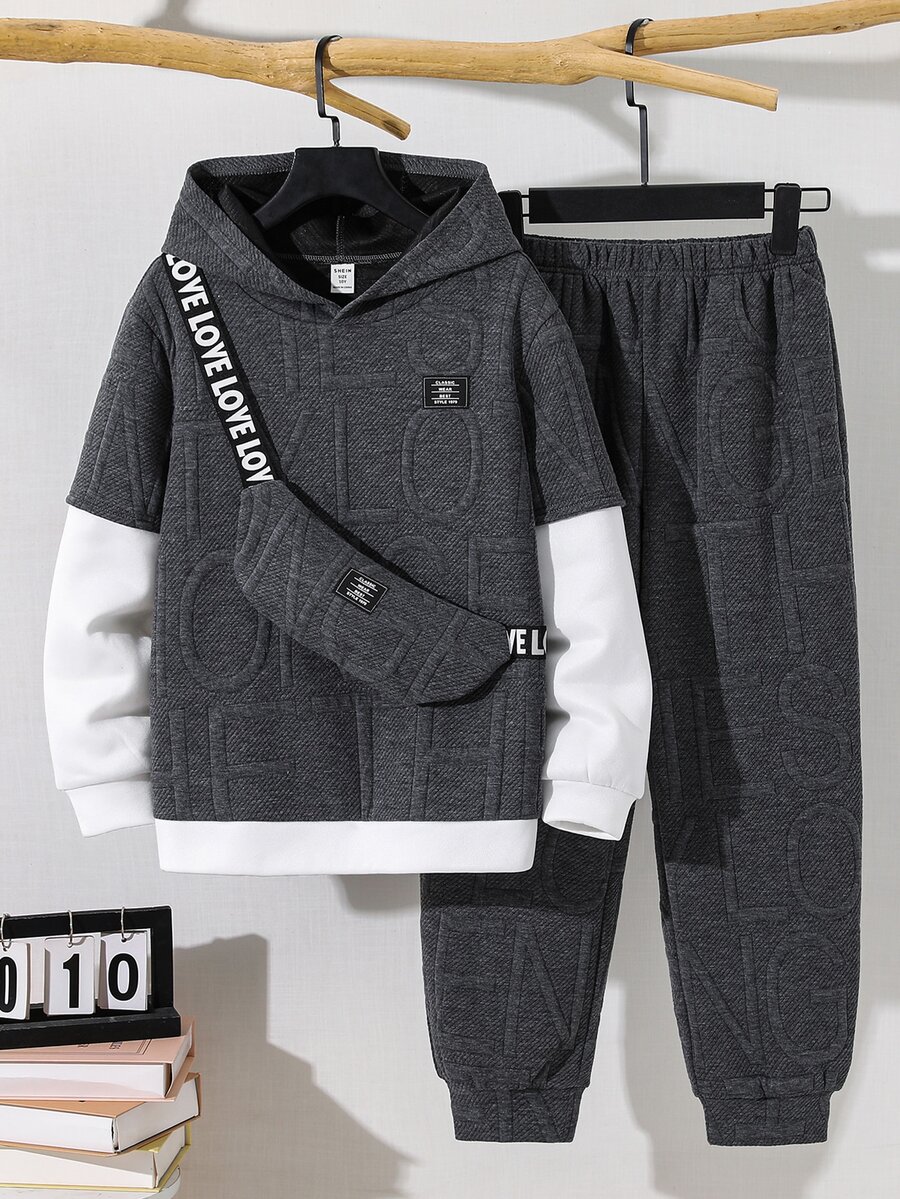 SHEIN 3件組買2送1兒童青少年男孩休閒運動緹花布料2合1連帽衛衣與慢跑長褲套裝,灰色衛衣套裝,基礎上衣,適合秋冬、學校、家庭聚會、度假、派對,秋季穿搭,冬季穿搭 - 彩色 - 查看 1