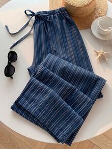 SHEIN 青少年女孩條紋休閒百搭日常穿著長褲 - 藏蓝色 - 查看 3