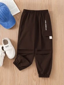 Young Boy Graphic Flap Pocket Side Drawstring Waist Cargo Pants - Brown - View 6
