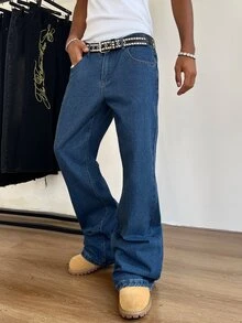 Manfinity Roghcode Jeans de pierna acampanada con bolsillos inclinados para hombre sin cinturón - Azul - Ver 1