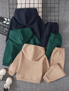 SHEIN Genkimix Kids 小男孩 3件組 純色壓紋保暖連帽衛衣＋運動長褲套裝 戒童款 秋季聖誕生日 白色 - 彩色 - 查看 3