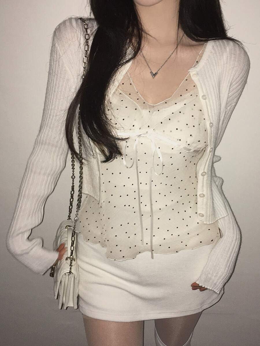 DAZY 波點蝴蝶結前襟透視細肩帶背心上衣 - 杏色 - 查看 1