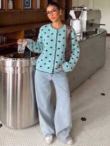 Muchica 女款波點圖案長袖單排扣休閒針織開襟衫 - 藍色 - 查看 7