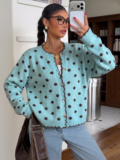 Muchica Women's Polka Dot Pattern Long Sleeve Single-Breasted Casual Knit Cardigan
