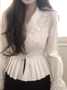 DAZY Solid Schiffy Ruffle Trim Flare Sleeve Pleated Hem Shirt Vacation - White - View 6