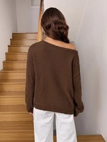 Easowa 女款深棕色針織毛衣，適合早午餐、日常約會、秋季休閒性感穿搭 - 棕色 - 查看 2