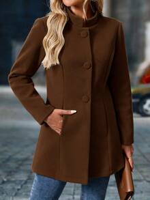 Yalmera Fall Clothes FOR WomenSolid Single Breasted Overcoat - Coffee Brown - View 5