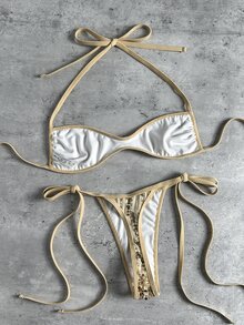 Swim Mod 夏季海灘對比色亮片掛脖綁側比基尼泳衣 - 金色 - 查看 2