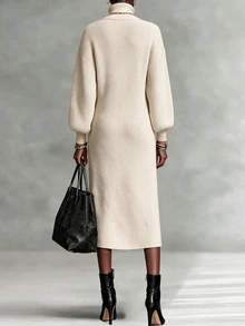 SHEIN Turtleneck Button Detail Split Thigh Sweater Dress - Apricot - View 2