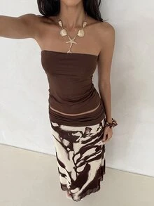 Aloruh 女款腰部百褶紮染印花不對稱下擺裙 - 棕色 - 查看 5