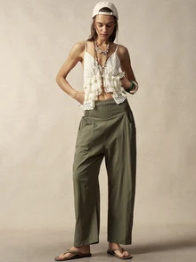 Bohemela Plus Size Casual Versatile Elastic Waist Pants With Pockets Fall - Army Green - View 8