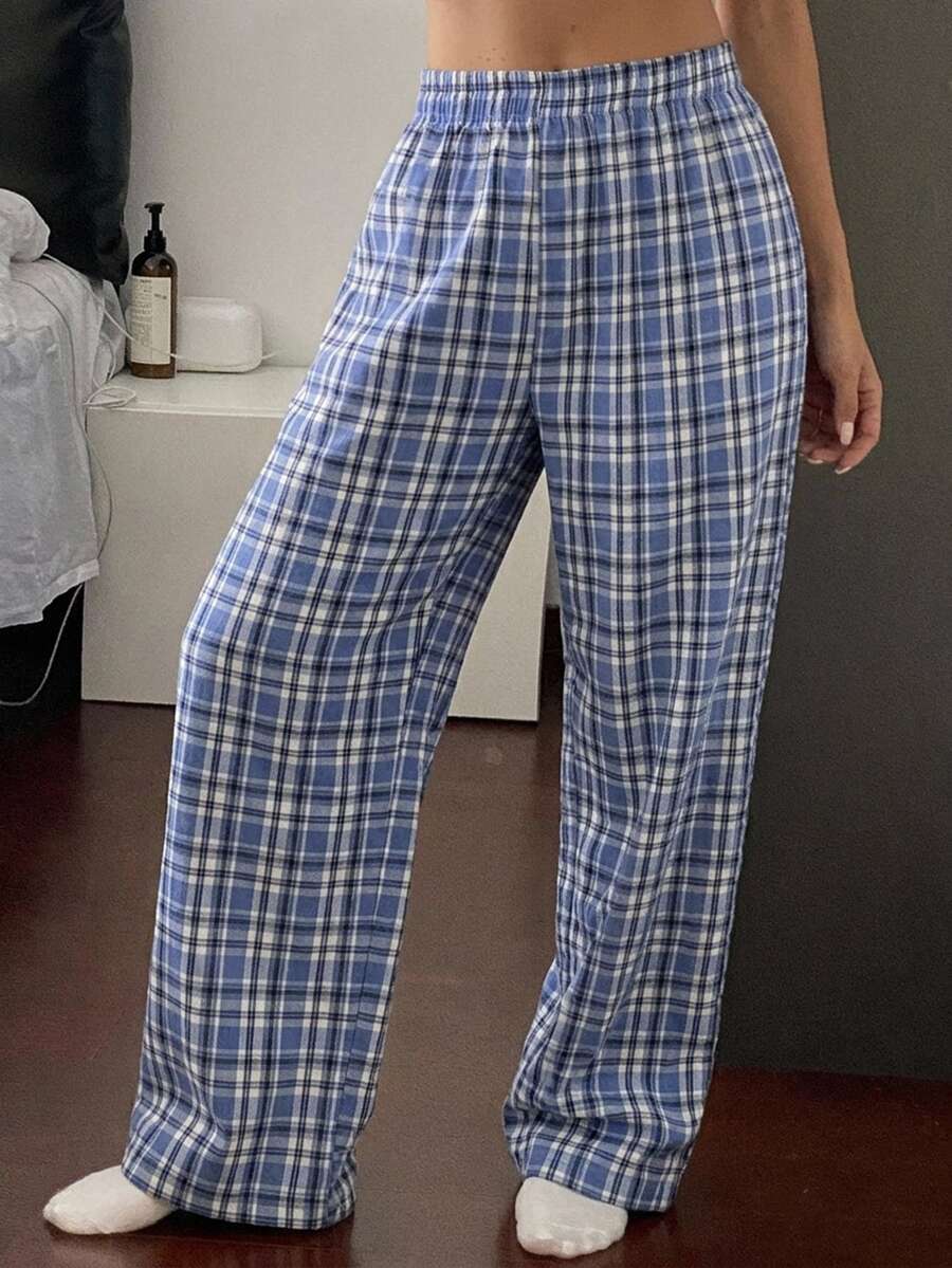 DAZY Plaid Print Elastic Waist Lounge Pants - Blue - View 1